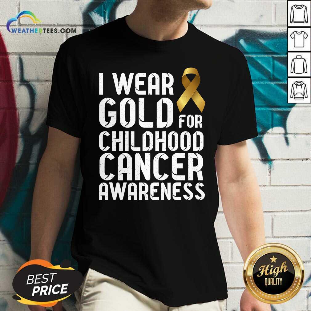 I Wear Gold For Childhood Cancer Awareness Ribbon Gold V-neck - Design By Weathertees.com