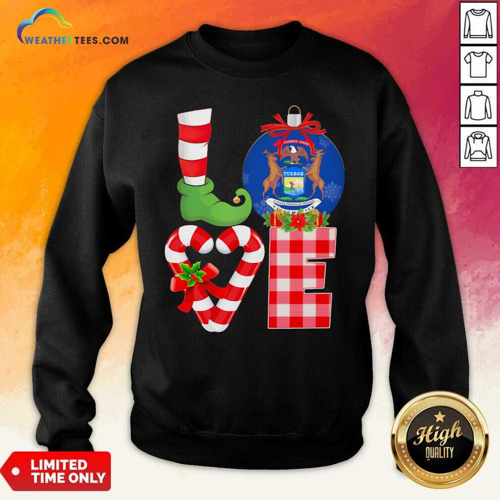 Love Michigan State Flag Pajama Elf Merry Christmas Sweatshirt - Design By Weathertees.com