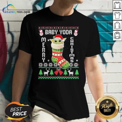 Baby Yoda Hat Santa Ugly Merry Christmas 2020 V-neck - Design By Weathertees.com