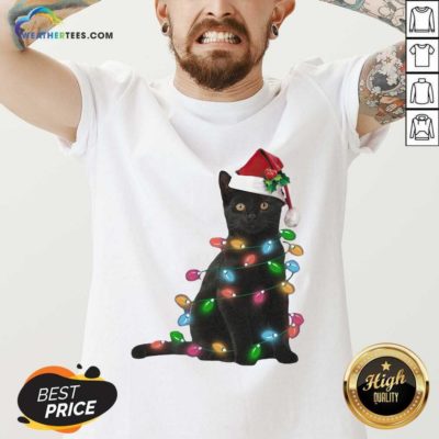 Black Cat Hat Santa Happy Light Christmas 2020 V-neck - Design By Weathertees.com