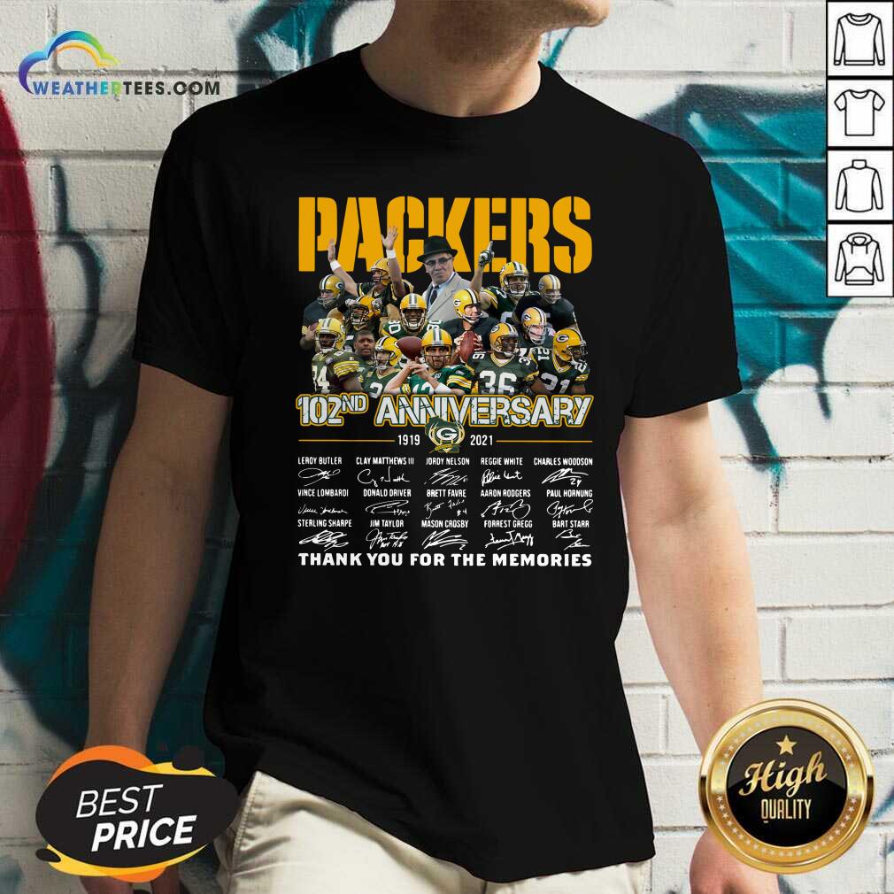 The Green Bay Packers 102nd Anniversary 1919 2021 Signatures Thank You For The Memories V-neck - Design By Weathertees.com