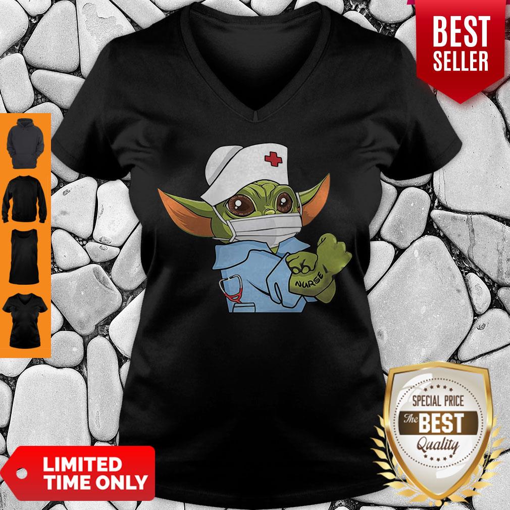 Cute Strong Baby Yoda Wearing Scrub Nurse Coronavirus V-neck