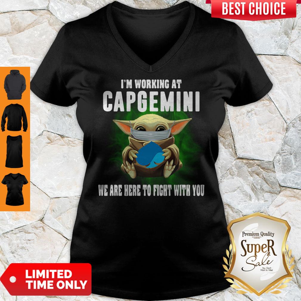 Pretty Baby Yoda Mask Hug I'm Working At Capgemini We Are Here To Fight With You V-neck