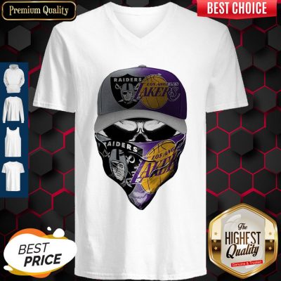 Awesome Skull Mask Oakland Raiders And Los Angeles Lakers V-neck