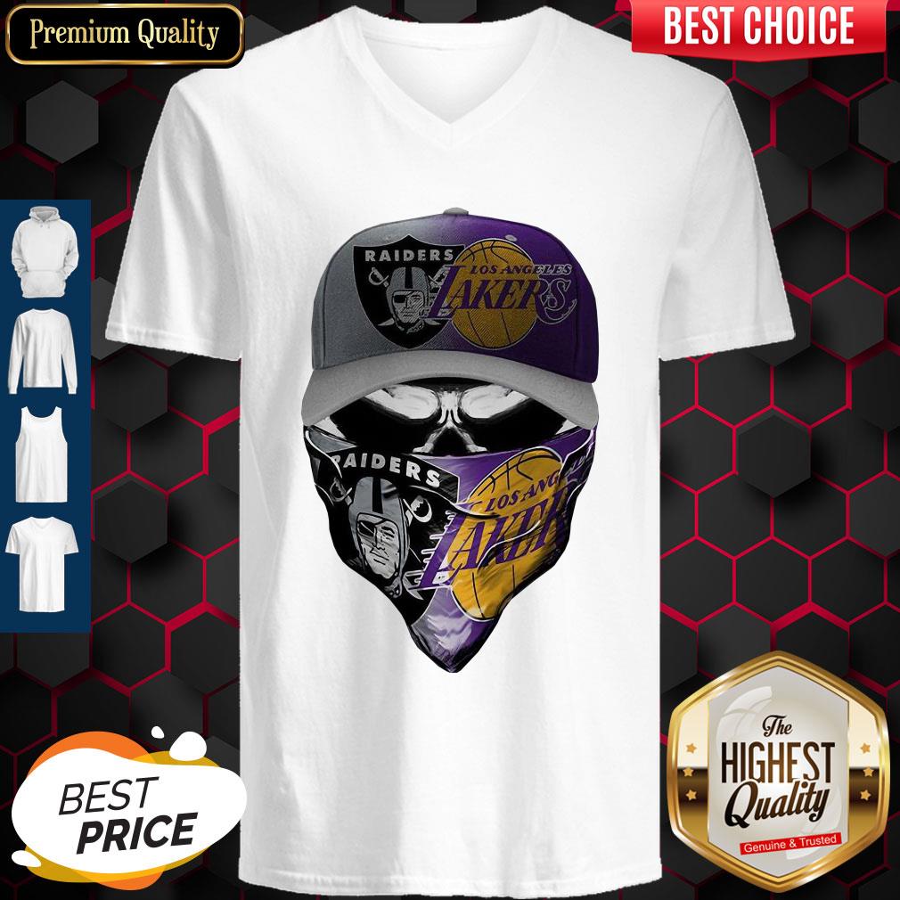 Awesome Skull Mask Oakland Raiders And Los Angeles Lakers V-neck