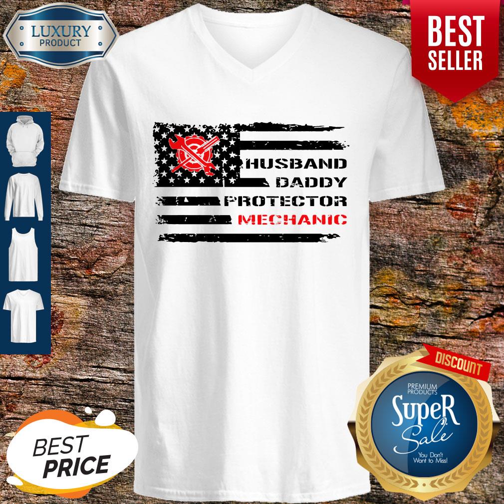 Top American Flag Husband Daddy Protector Mechanic V-neck