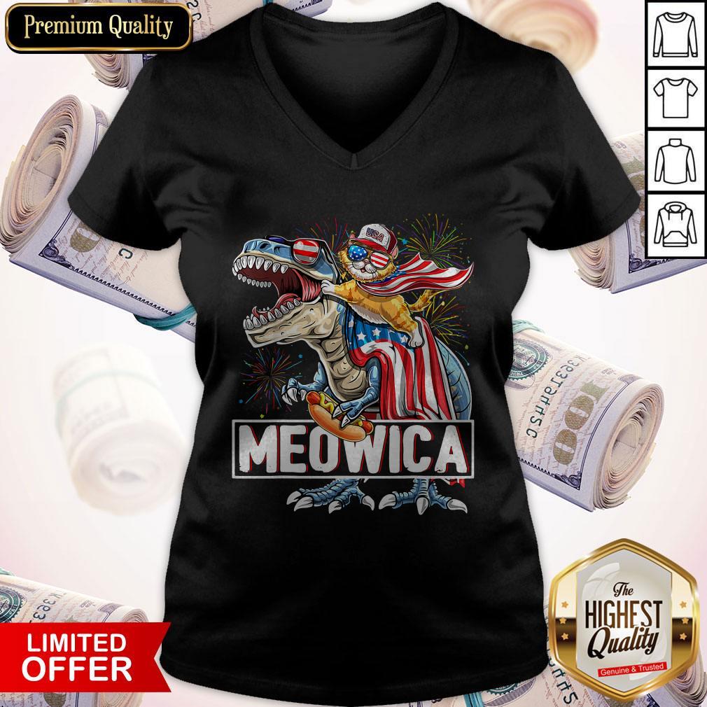 Top Meowica Amerisaurus Rex Happy Independence Day V-neck