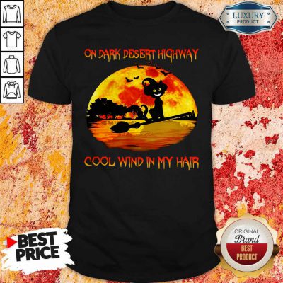 On Dark Desert Highway Cool Wind In My Hair Cat Riding A Broom Moon Halloween Shirt
