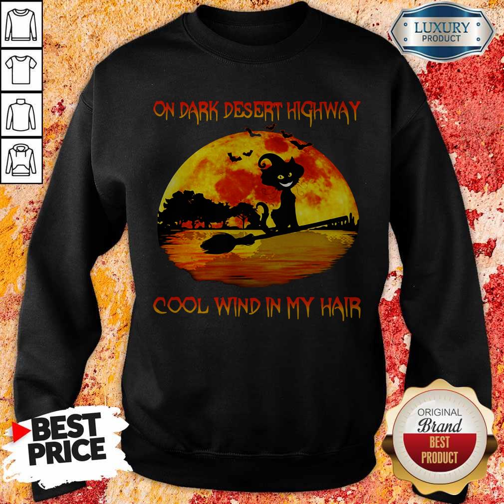 On Dark Desert Highway Cool Wind In My Hair Cat Riding A Broom Moon Halloween Sweatshirt