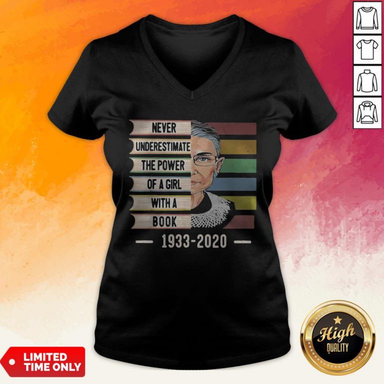 Ruth Bader Ginsburg Never Underestimate The Power Of A Girl With A Book 1933-2020 Vintage Retro V-neck
