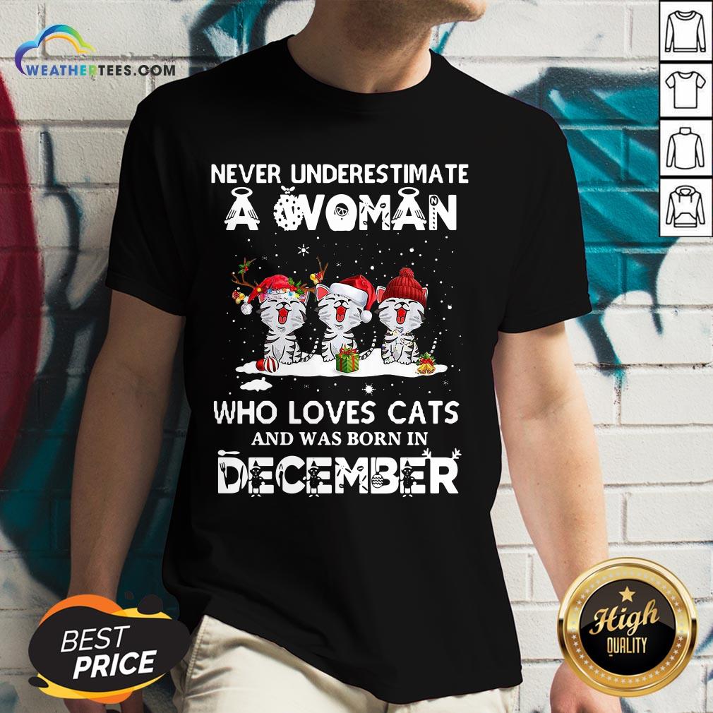 Home Never Underestimate A Woman Who Loves Cats And Was Born In December Christmas V-neck - Design By Weathertees.com