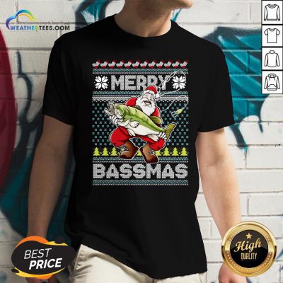 Official Merry Bassmas Fish Santa Ugly Christmas V-neck