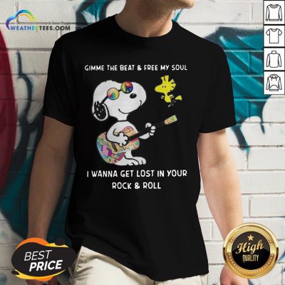Official Snoopy And Woodstock Gimme The Beat And Free My Soul I Wanna Get Lost In Your Rock And Roll V-neck - Design By Weathertees.com