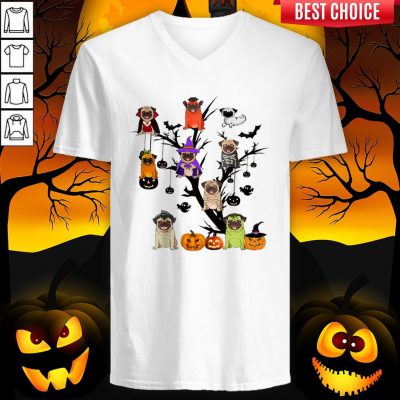 Pug Dog Halloween Tree V-neck