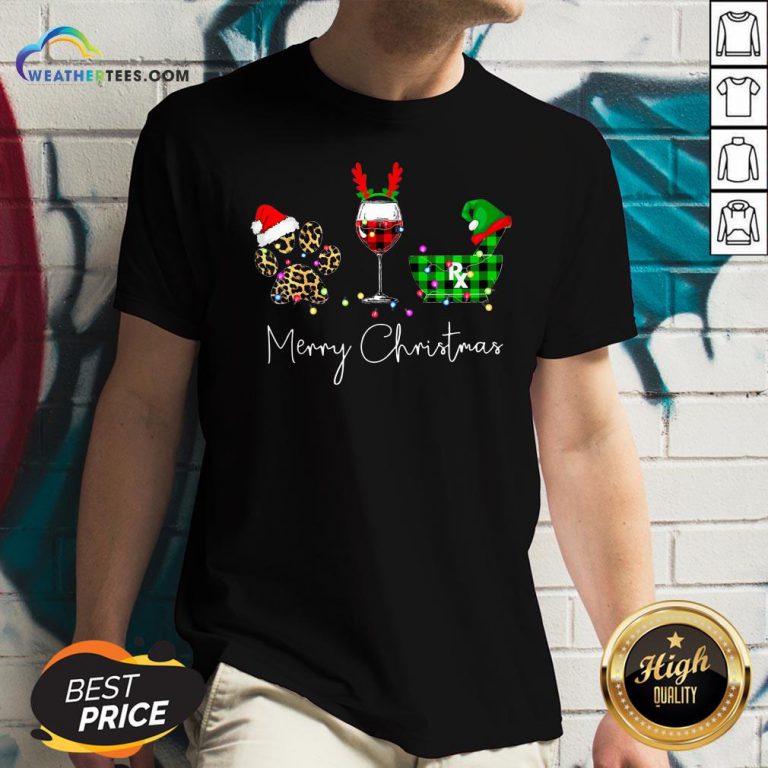 Fun Paw Dog Wine Coffee Elf Merry Christmas V-neck - Design By Weathertees.com