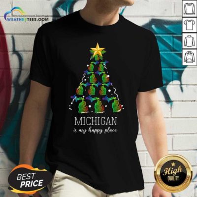 Michigan Is My Happy Place Merry Christmas Tree V-neck - Design By Weathertees.com