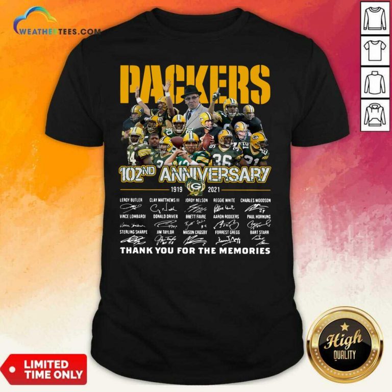 The Green Bay Packers 102nd Anniversary 1919 2021 Signatures Thank You For The Memories Shirt - Design By Weathertees.com