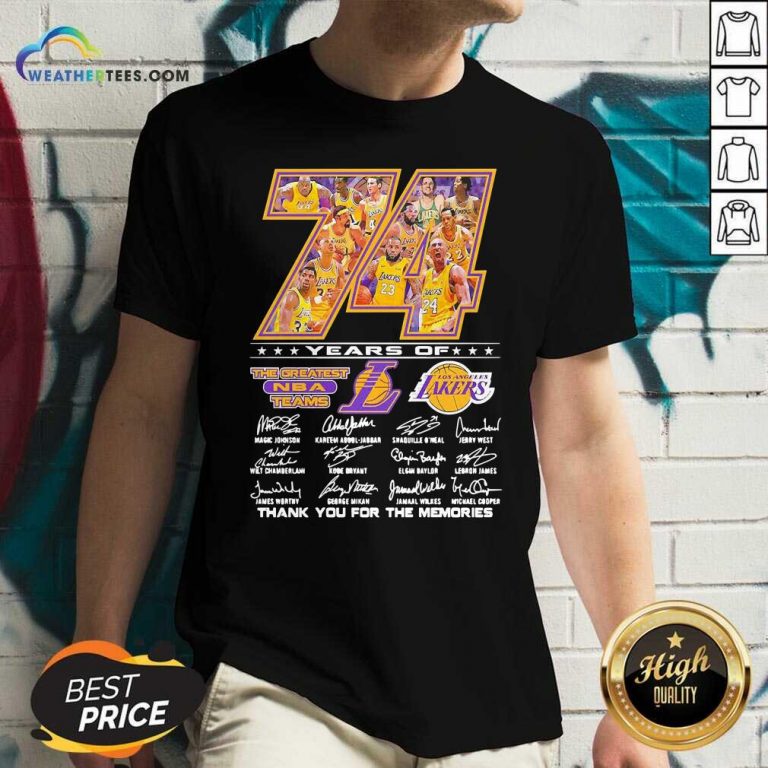 74 Years Of Los Angeles Lakers Thank You For The Memories Signatures V-neck - Design By Weathertees.com