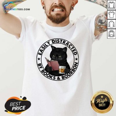 Easily Distracted By Books And Bourbon Cat V-neck - Design By Weathertees.com