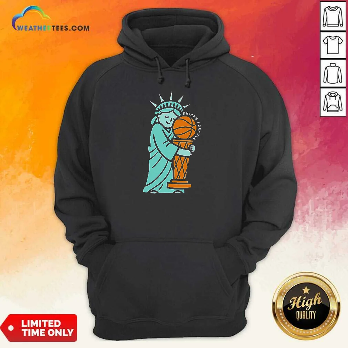 Funny Statue Of Liberty Hug Larry O'Brien Trophy Knicks Forever Hoodie with front pocket and drawstring hood