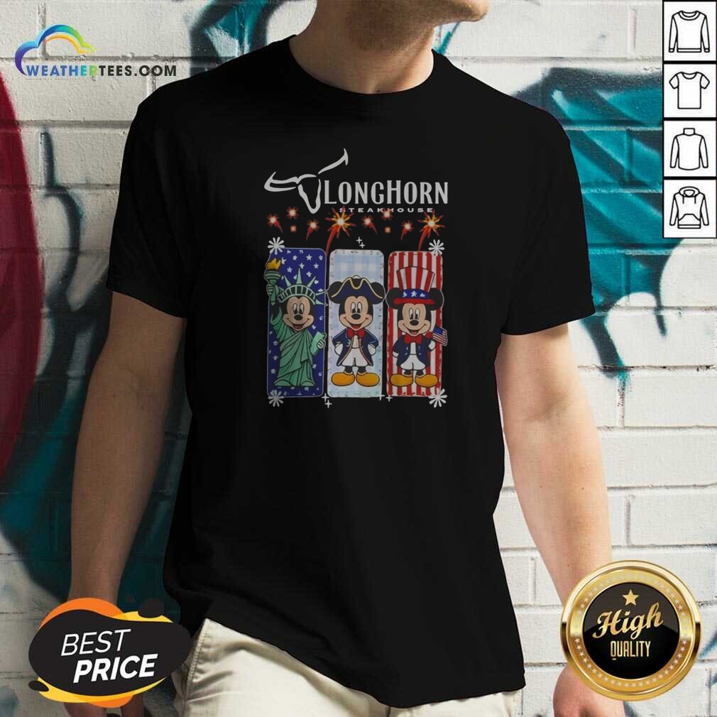 Hot Longhorn Steakhouse Mickey Mouse Patriotic USA Characters shirt optimized on V-Neck Shirt Hot Longhorn Steakhouse Mickey Mouse Patriotic USA Characters shirt optimized shown as a v-neck shirt preview