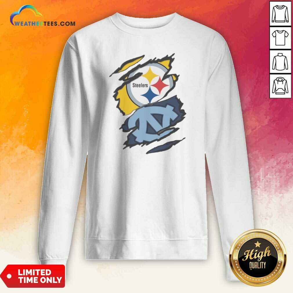 Premium Pittsburgh Steelers And UNC Tar Heels Ripped Metal Effect Logo shirt optimized on Sweatshirt Premium Pittsburgh Steelers And UNC Tar Heels Ripped Metal Effect Logo shirt optimized shown as a sweatshirt preview