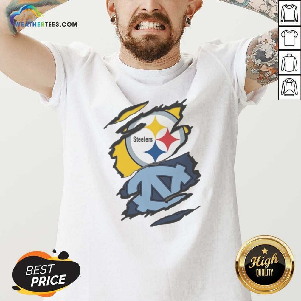 Premium Pittsburgh Steelers And UNC Tar Heels Ripped Metal Effect Logo shirt optimized on V-Neck Shirt Premium Pittsburgh Steelers And UNC Tar Heels Ripped Metal Effect Logo shirt optimized shown as a v-neck shirt preview