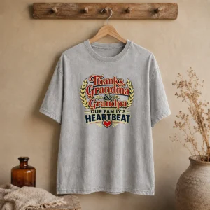 Funny Grandparents Day Typography Thanks For Family Gratitud printed on a soft washed t shirt in light gray