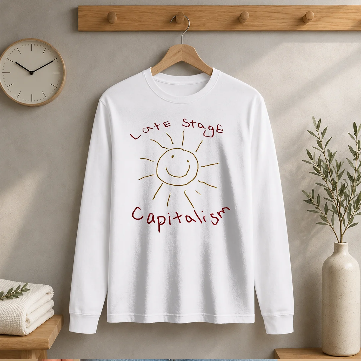 Funny Late Stage Capitalism Smiley Face Political Satire long sleeve shirt in black with bold graphic print