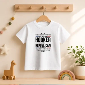 Funny The Only Difference Between A Hooker And A Republican Political Kids T Shirt featuring bold text on a comfortable cotton fabric