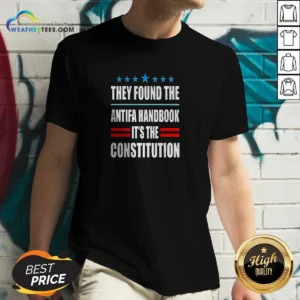 Good They Found The Antifa Handbook It'S The Constitution Bold Statement Text V Neck Shirt in black on a women's v neck tee