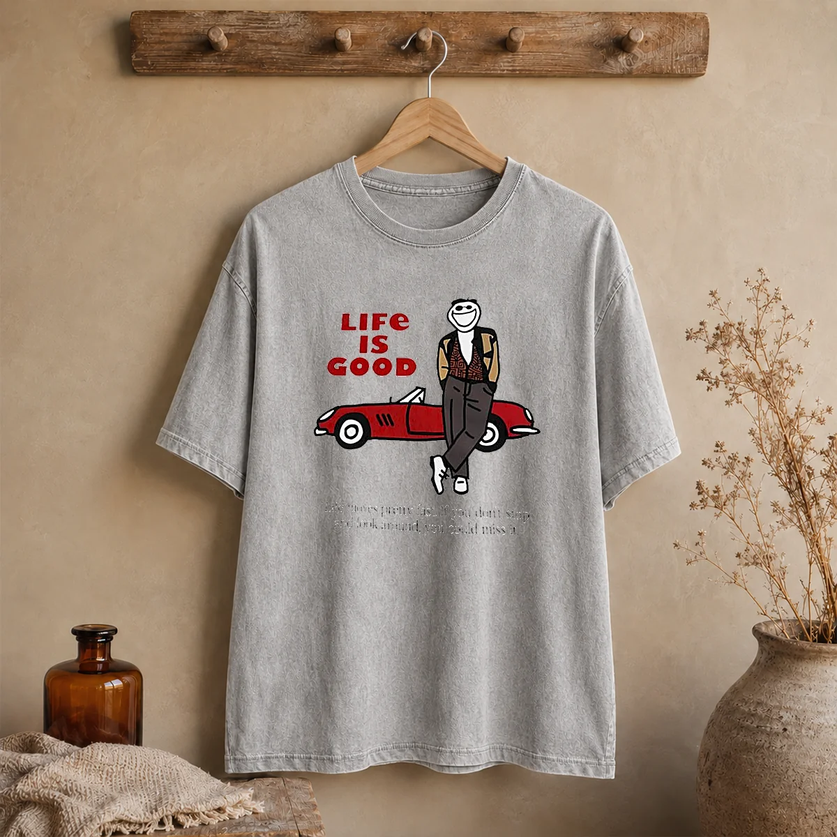 Hot Ferris Bueller Life Is Good Life Moves Pretty Fast If You Do Not Stop graphic on a soft washed t shirt in neutral color