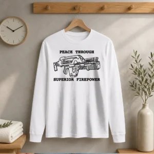 Hot Peace Through Superior Firepower long sleeve shirt featuring bold graphic print on comfortable fabric