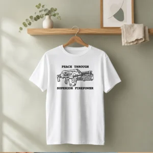 Hot Peace Through Superior Firepower t shirt in classic fit with bold graphic print on front