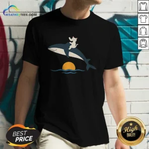 Nice Cat Riding Whale Vintage Ocean Sunset V-Neck Shirt