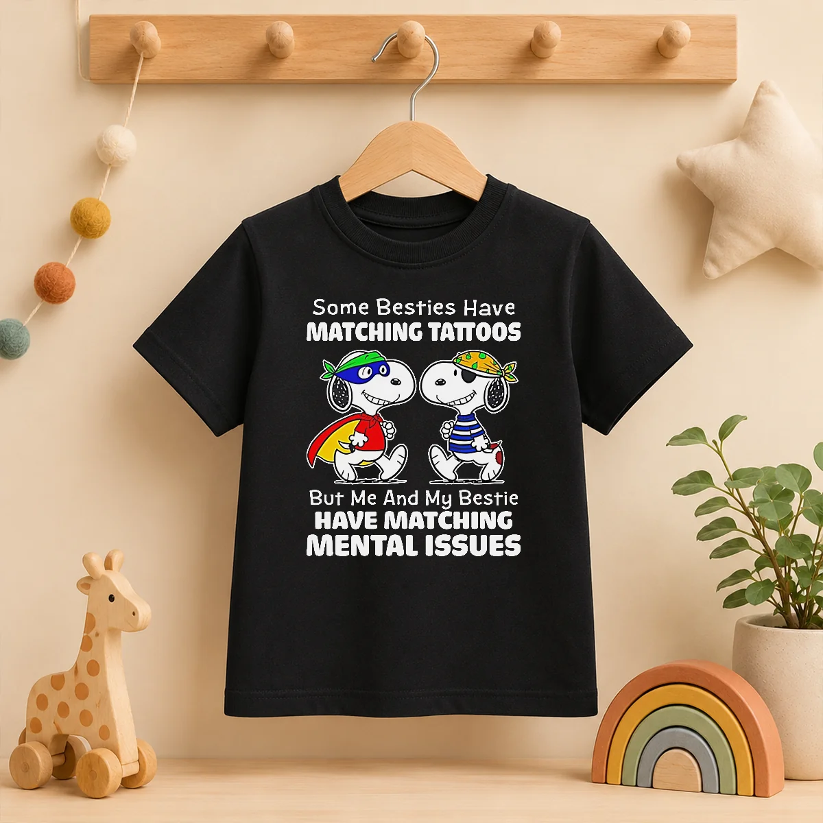Nice Snoopy Some Besties Have Matching Tattoos But Me And My Bestie Have Matching Mental Issues kids t shirt in white, front view