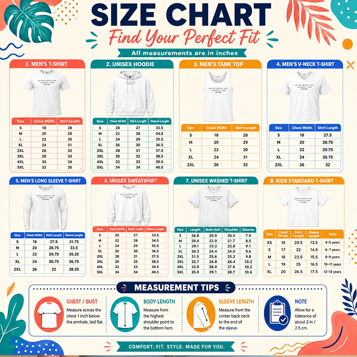 Original Loves Jesus And America Too 1776 2026 Faith Patriotic Christianity Freedom Size Chart Size chart for Original Loves Jesus And America Too 1776 2026 shirt showing measurements in inches and cm