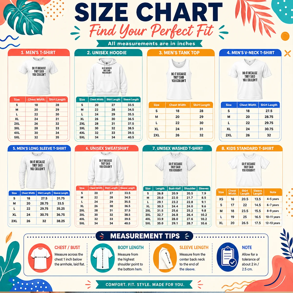 Premium Drake Do It Because They Said You Couldn'T Size Chart Size chart for Premium Drake Do It Because They Said You Couldn'T with measurements in inches and cm