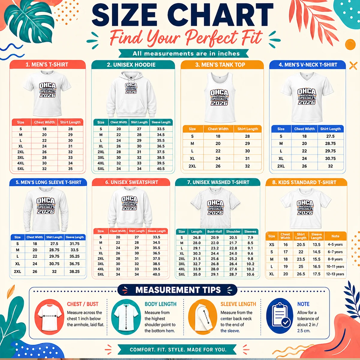 Premium OHCA National Specialty 2026 Typography Pride Size Chart Size chart for Premium OHCA National Specialty 2026 Typography Pride with measurements in inches and cm