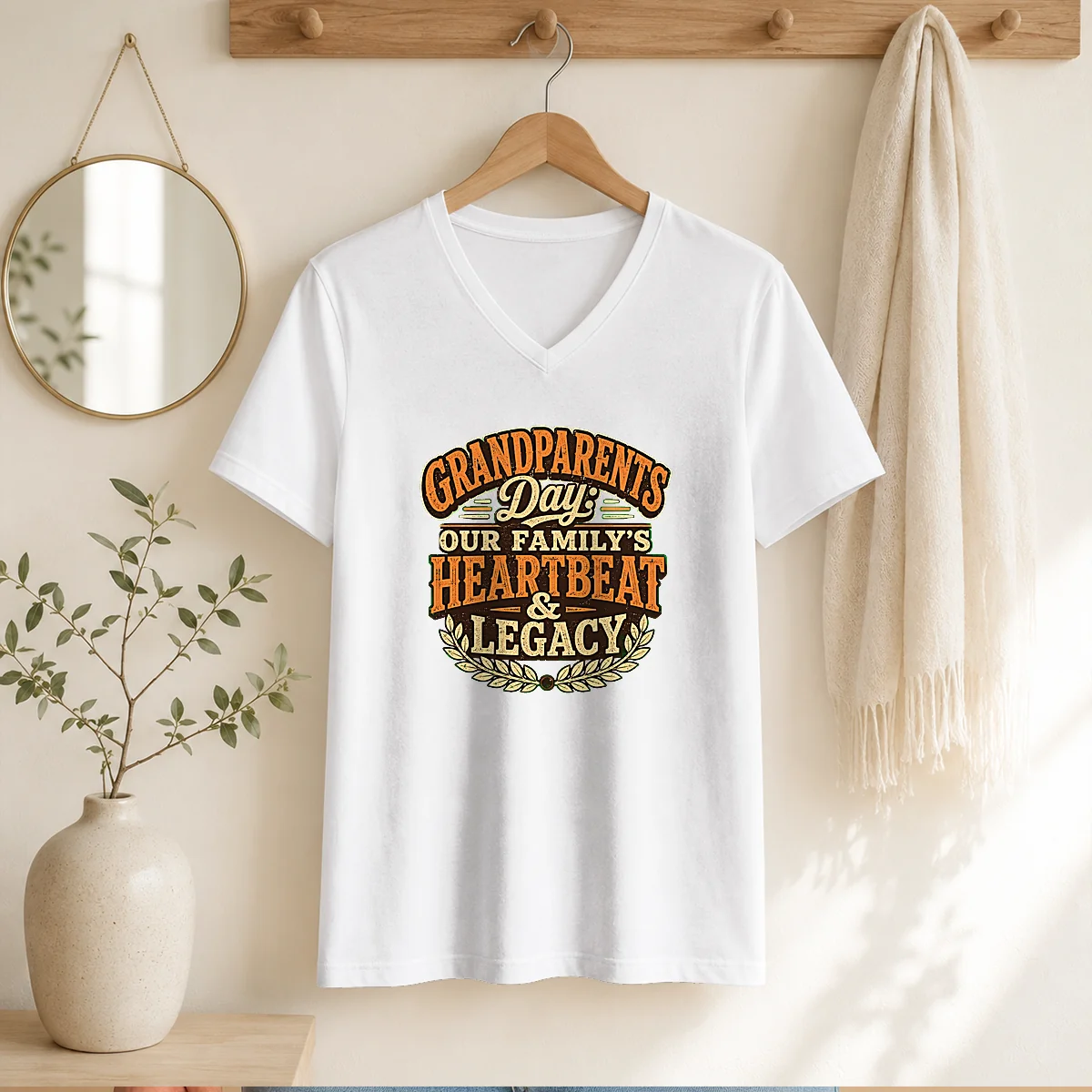 Pretty Grandparents Day Vintage Heartbeat Tribute V Neck Shirt in soft fabric with vintage heartbeat design