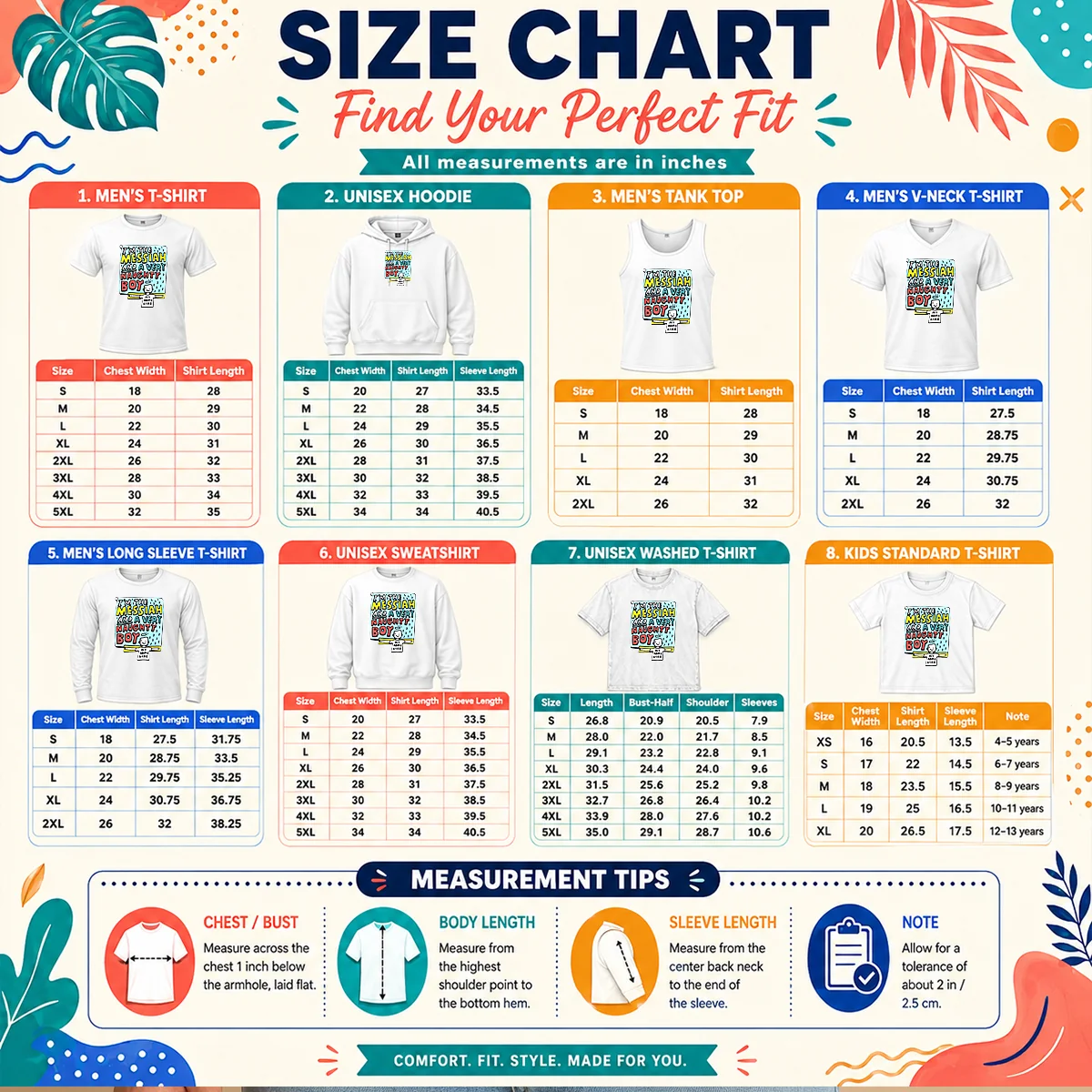 Top I'M The Messiah And A Very Naughty Boy Size Chart Size chart for Top I'M The Messiah And A Very Naughty Boy showing measurements in inches and cm