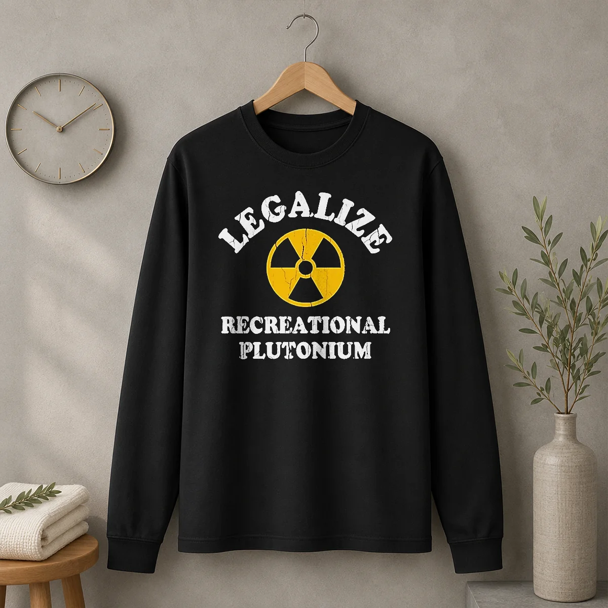 Top Legalize Recreational Plutonium Radiation Symbol Parody Long Sleeve Shirt in black with bold radioactive symbol print