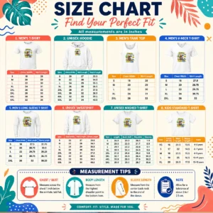 Size chart for Awesome Summer Bank Holiday Pixel Chillout with measurements in inches and cm to help choose the right fit