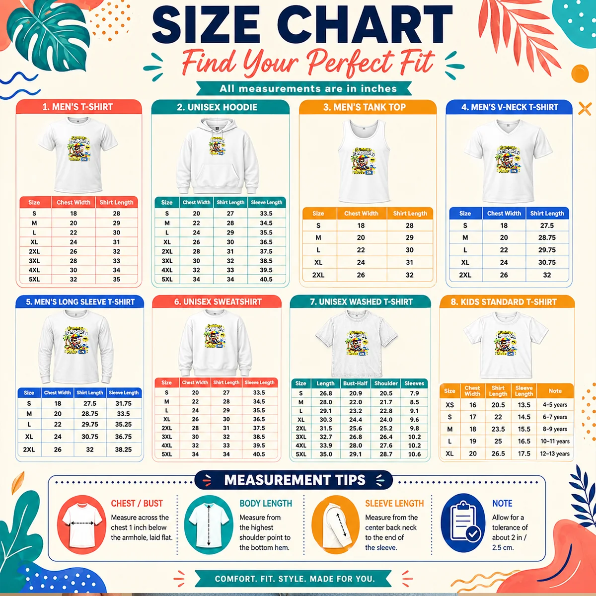 Awesome Summer Bank Holiday Pixel Chillout Size Chart Size chart for Awesome Summer Bank Holiday Pixel Chillout with measurements in inches and cm to help choose the right fit