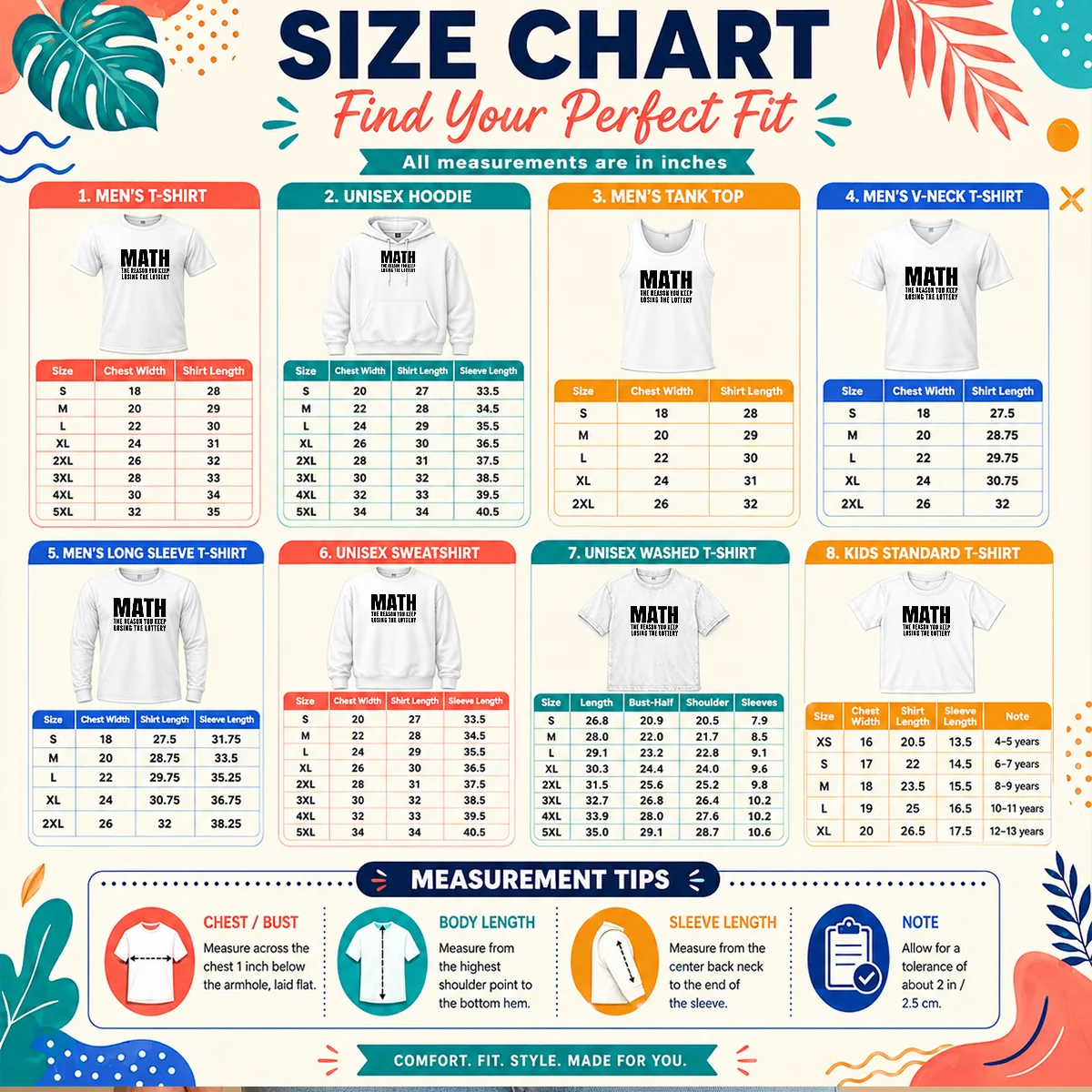 Funny Math The Reason You Keep Losing The Lottery Size Chart Size chart for Funny Math The Reason You Keep Losing The Lottery with measurements in inches and cm to help choose the right fit