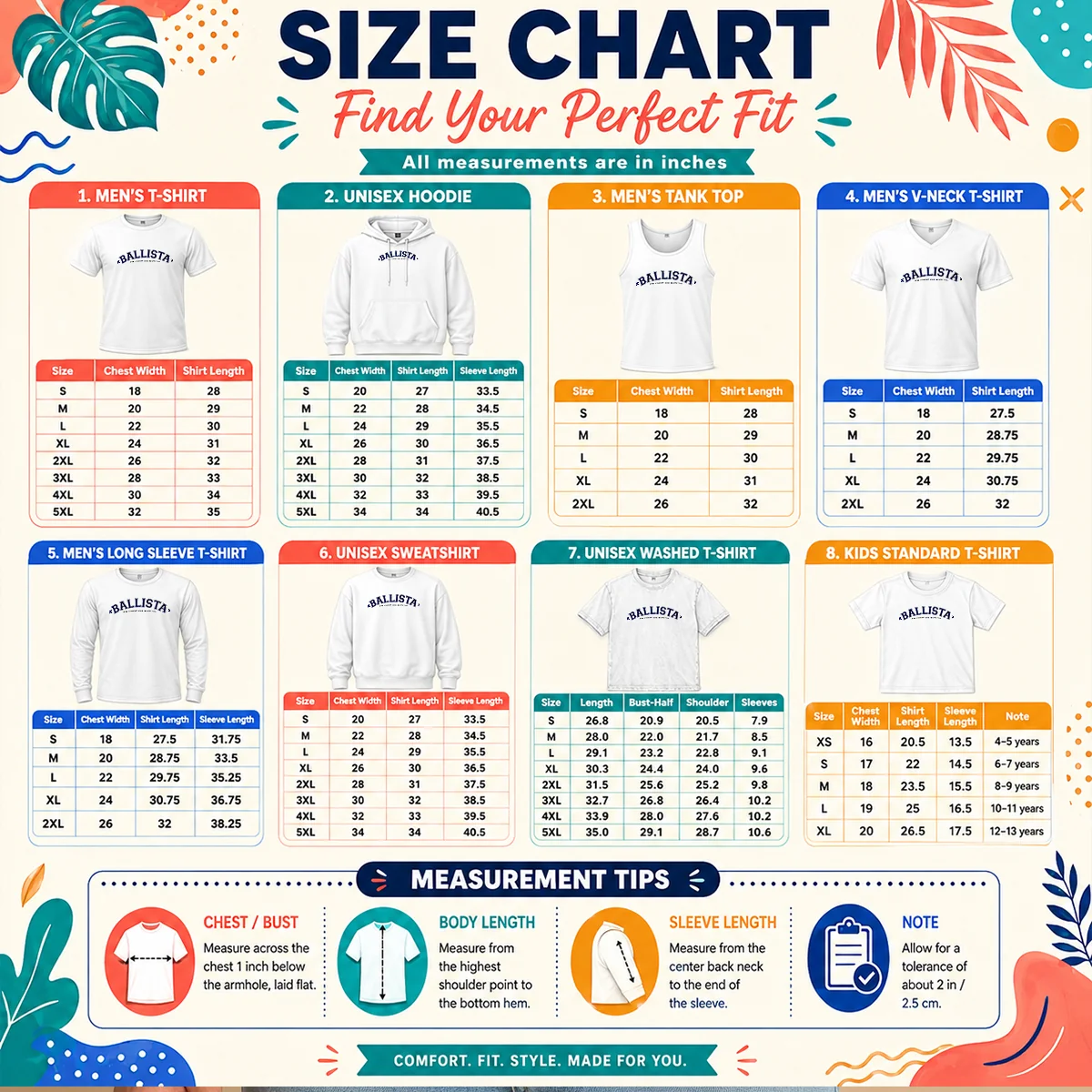 Size chart for Good Ballista DFW Straight Edge Respecters Hardcore with measurements in inches and cm to help choose the right fit