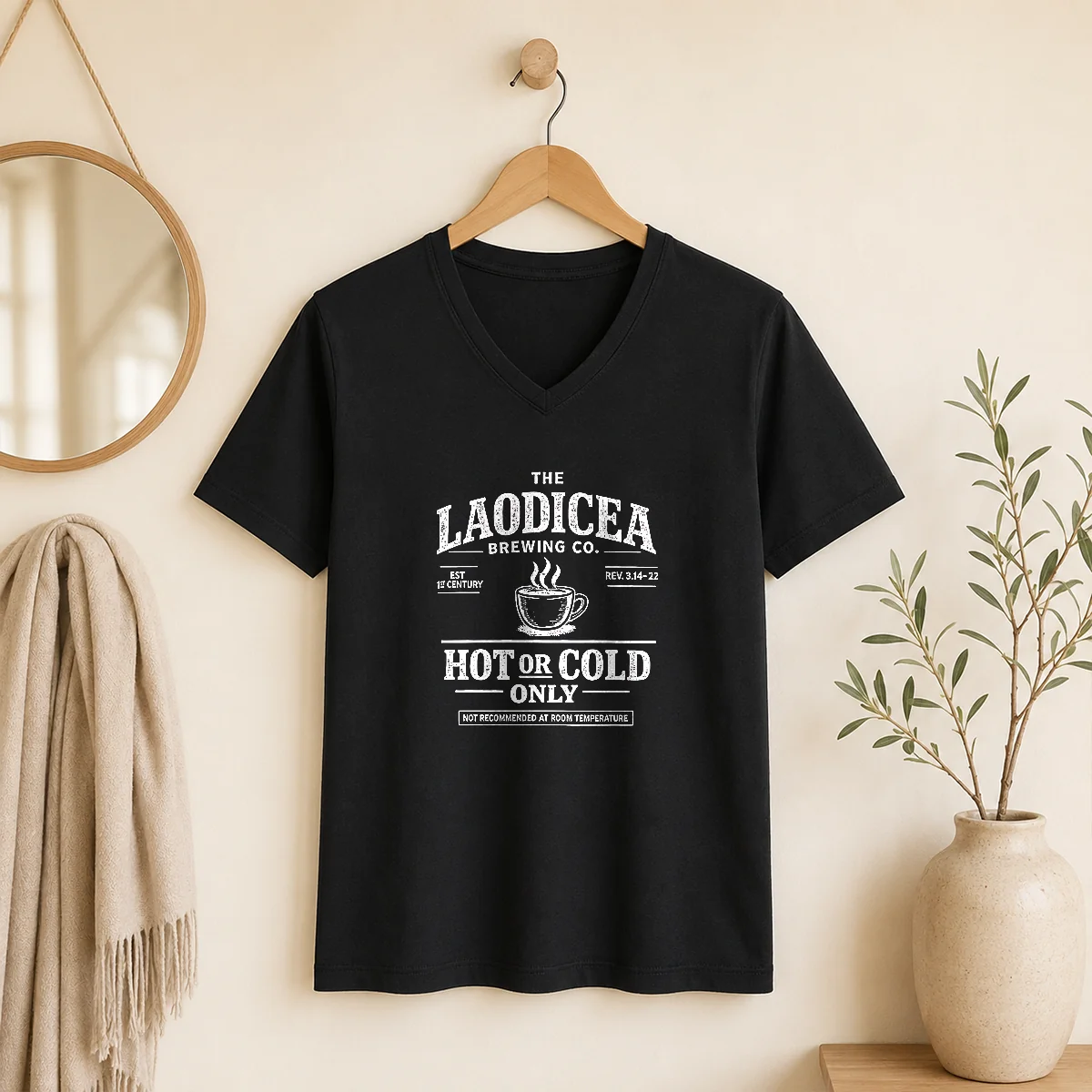 Official The Laodicea Brewing Co Hot Or Cold Only Coffee V-Neck Shirt