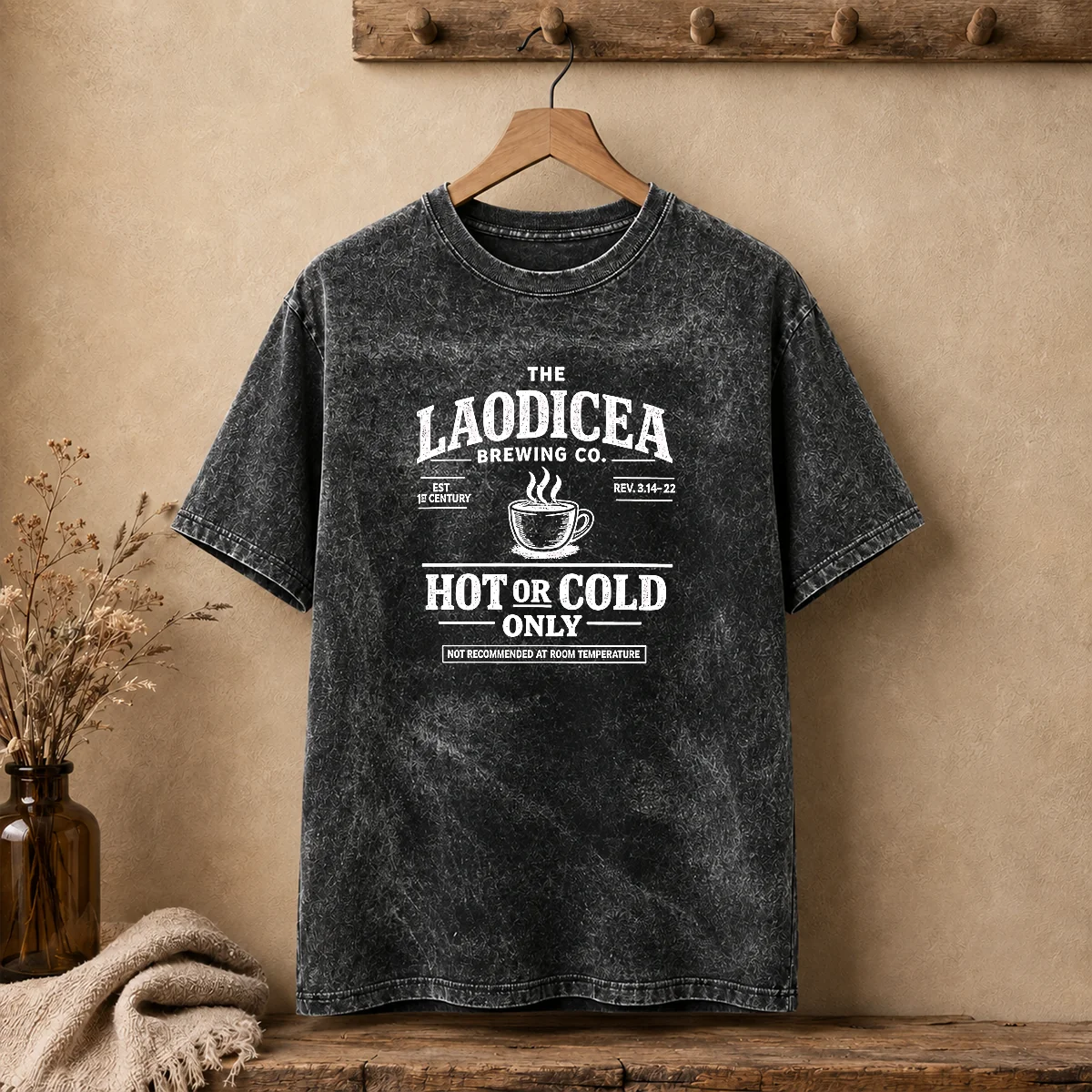 Official The Laodicea Brewing Co Hot Or Cold Only Coffee Washed T-Shirt