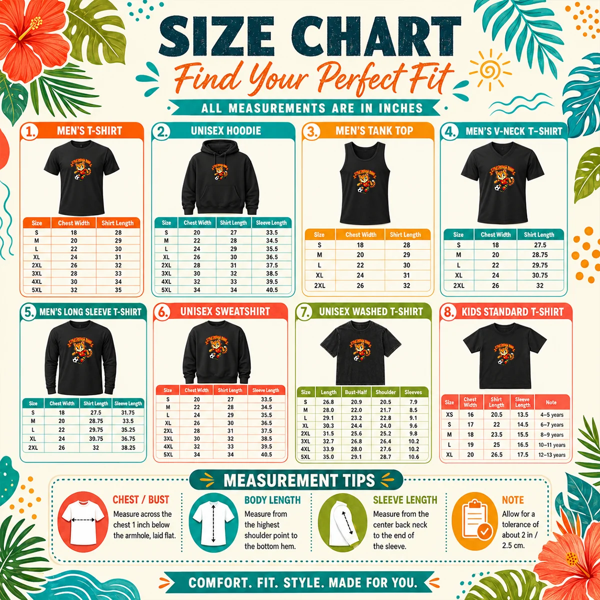 Original Spain Soccer Cat Meme Pop Art Size Chart Size chart for Original Spain Soccer Cat Meme Pop Art with measurements in inches and cm to help choose the right fit