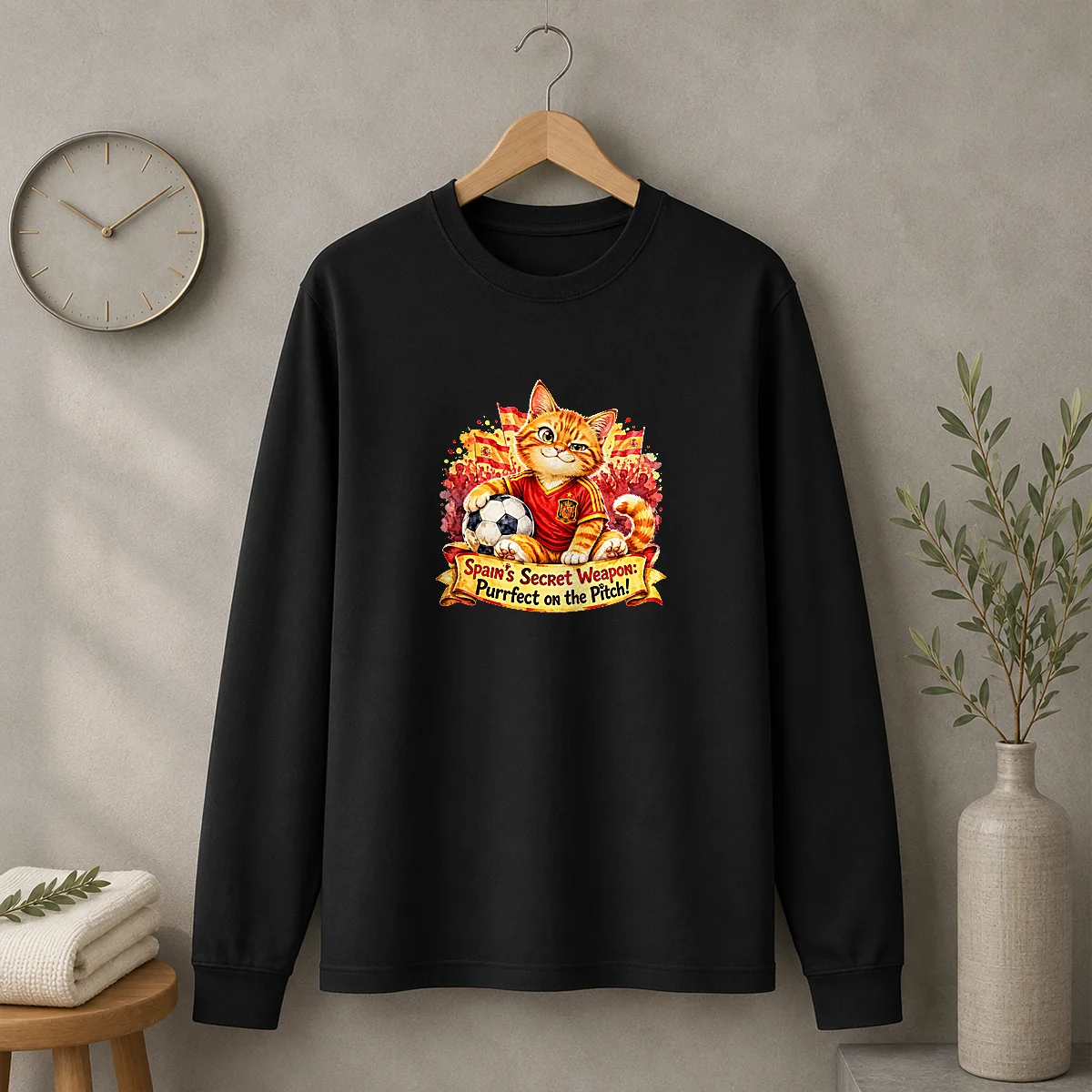 Original Spain Soccer Cat Meme Watercolor Long Sleeve Shirt